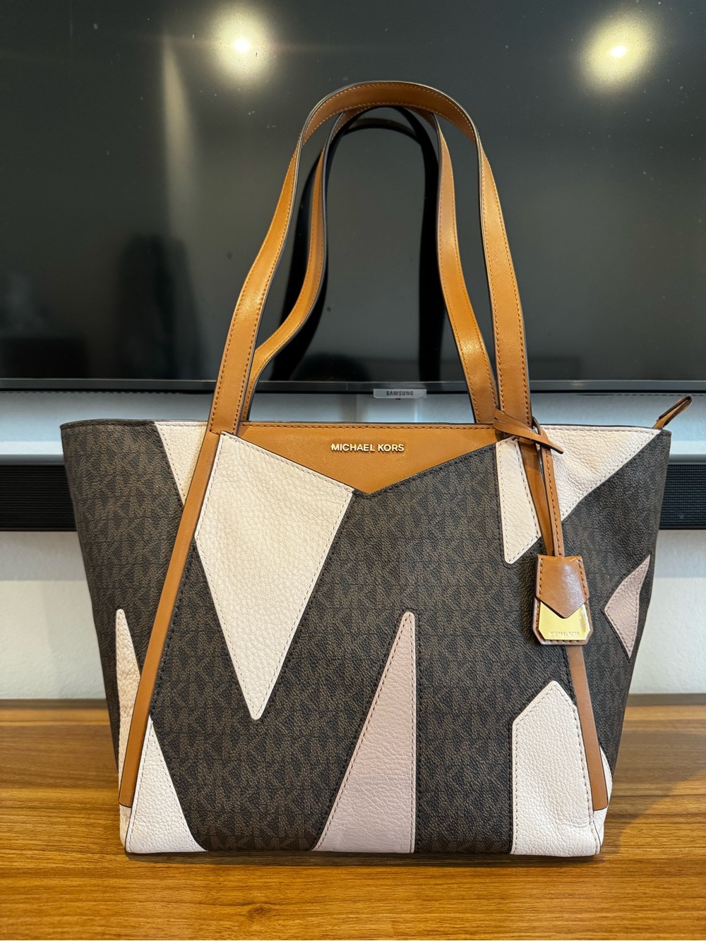 Michael Kors Brown Logo Tote with Cream and Tan Accents- Good Condition
